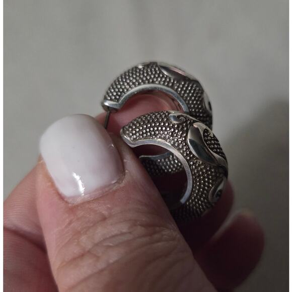 BRIGHTON Chunky Silver Hoop Earrings Swirl Design Beading Steampunk - Picture 6 of 13